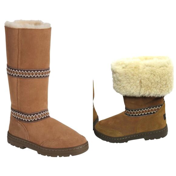 UGG Sundance Boots Size 9 Brown Genuine Leather Pure Wool Lining Fold Over - Picture 3 of 11